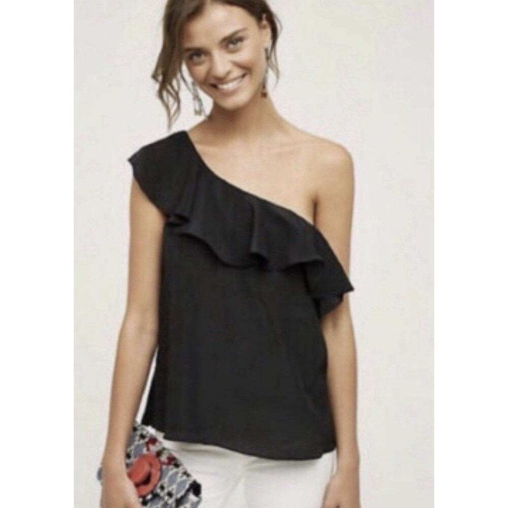 Anthropologie's Maeve Women's Silk One Shoulder Blouse Sleeveless Black Size 16
